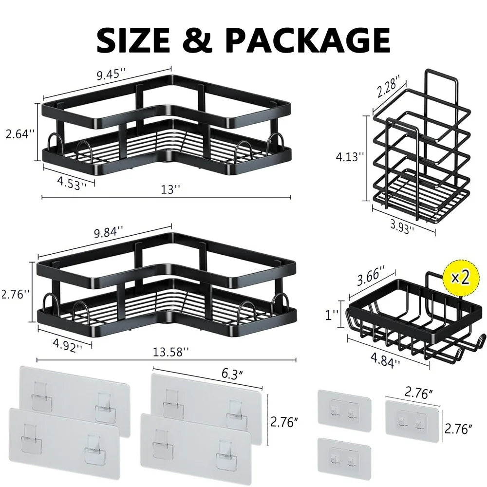 5 PCS Corner Shower Caddy Shower Organizer, 2 Tier Self-Adhesive Bathroom Organizer Shower Caddy Basketwith Soap & Toothbrush Holder, Wall Mounted Rustproof Stainless Steel Shower Rack