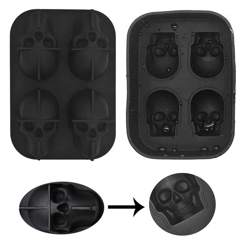 3D Skull Ice Cube Tray with Funnel Silicone Flexible 4 Cavity Ice Maker Molds Ice Cube Maker Ice Cream Tools KC0294